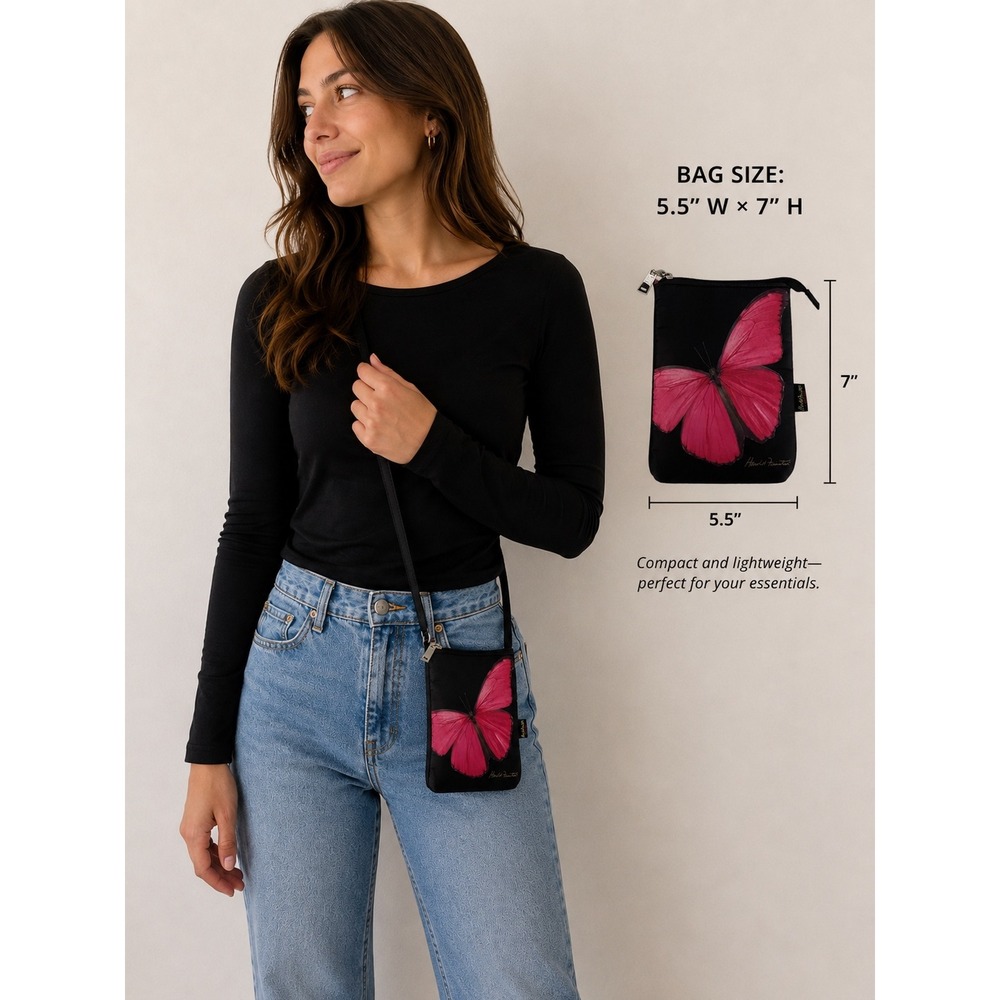 Harold Feinstein Crossbody Bag Women Small Black Pink Butterfly Nature Art